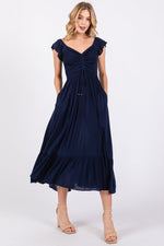 Navy Smocked Ruched Ruffle Hem Maternity Maxi Dress by PinkBlush