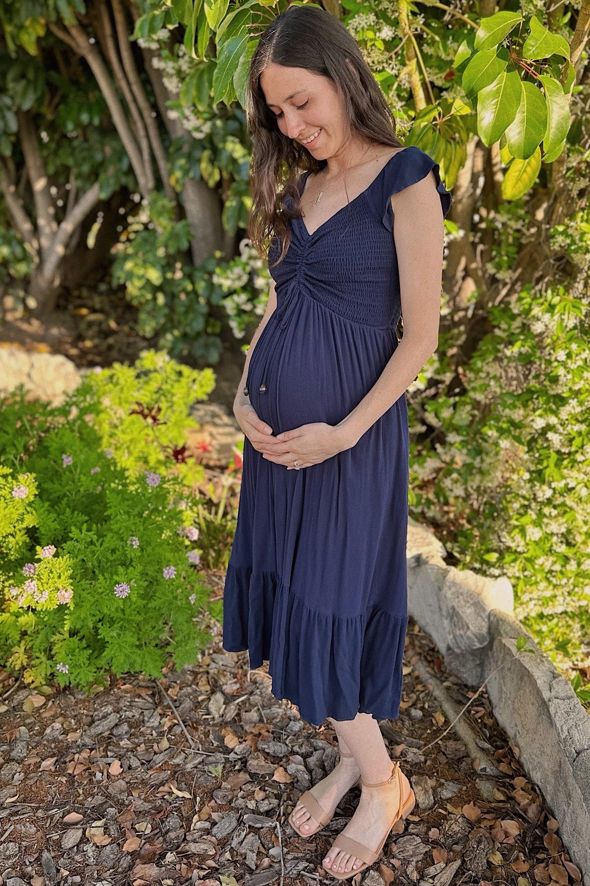 Navy Smocked Ruched Ruffle Hem Maternity Maxi Dress by PinkBlush