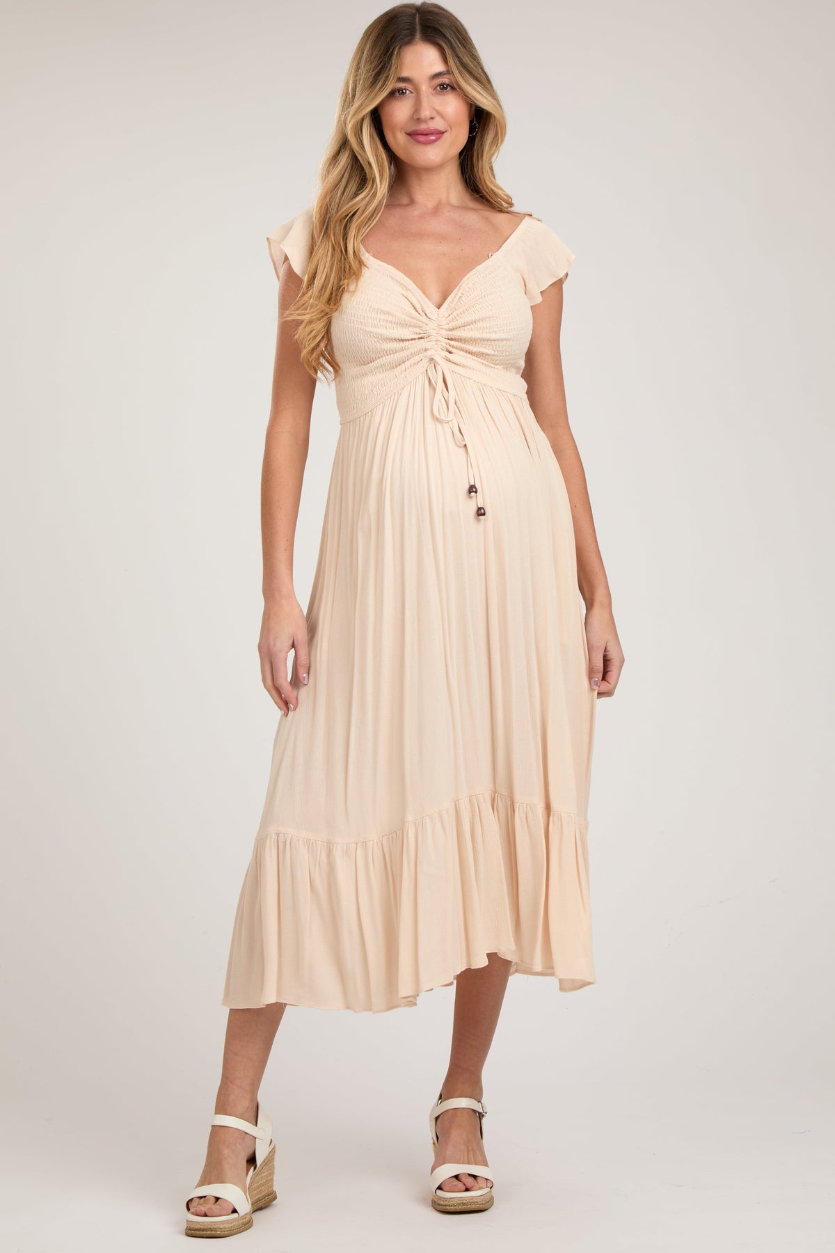 Smocked Ruched Maternity Maxi Dress - Ruffle Hem by PinkBlush (view 1 of 4)