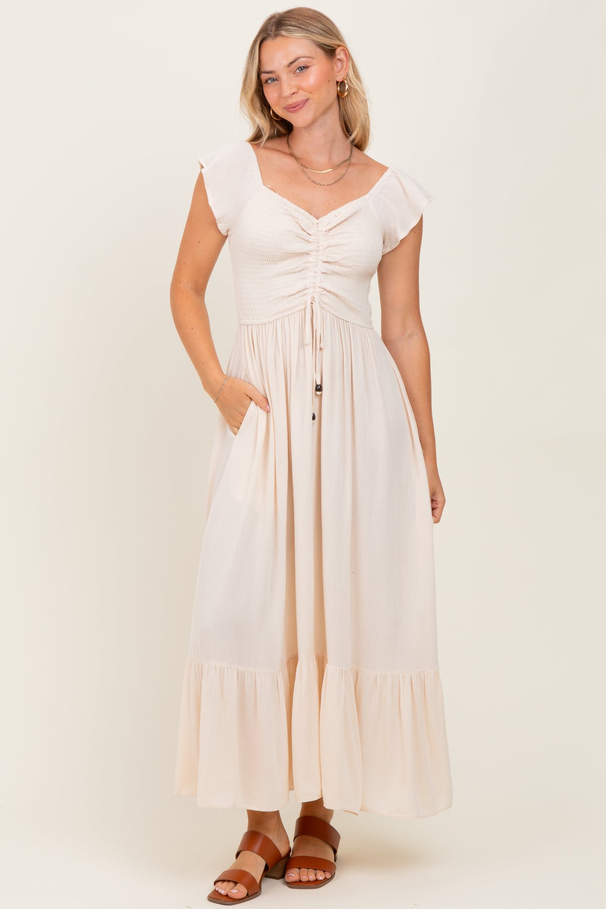 Smocked Ruched Maternity Maxi Dress - Ruffle Hem by PinkBlush (view 4 of 4)