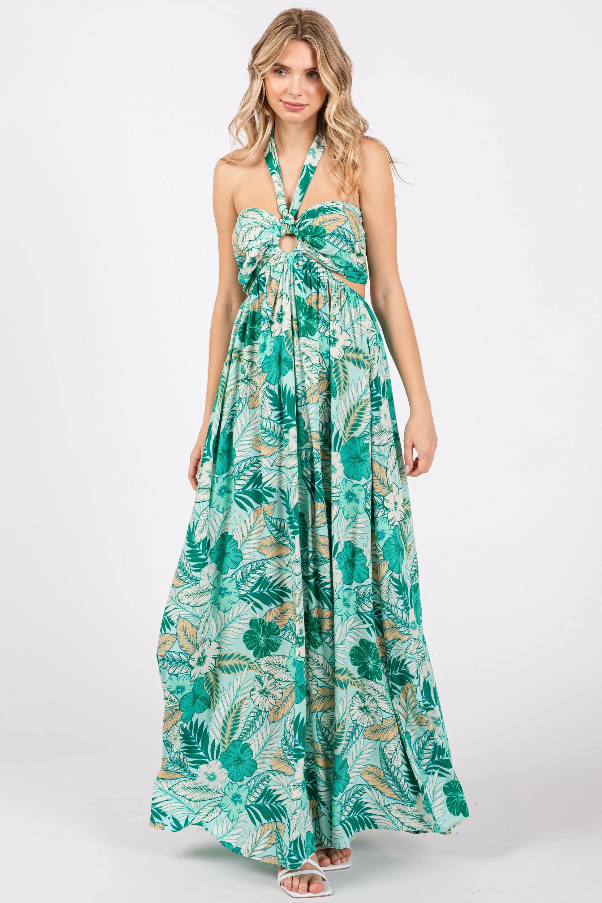 Light Blue Tropical Print Cutout Halter Neck Maternity Maxi Dress PinkBlush