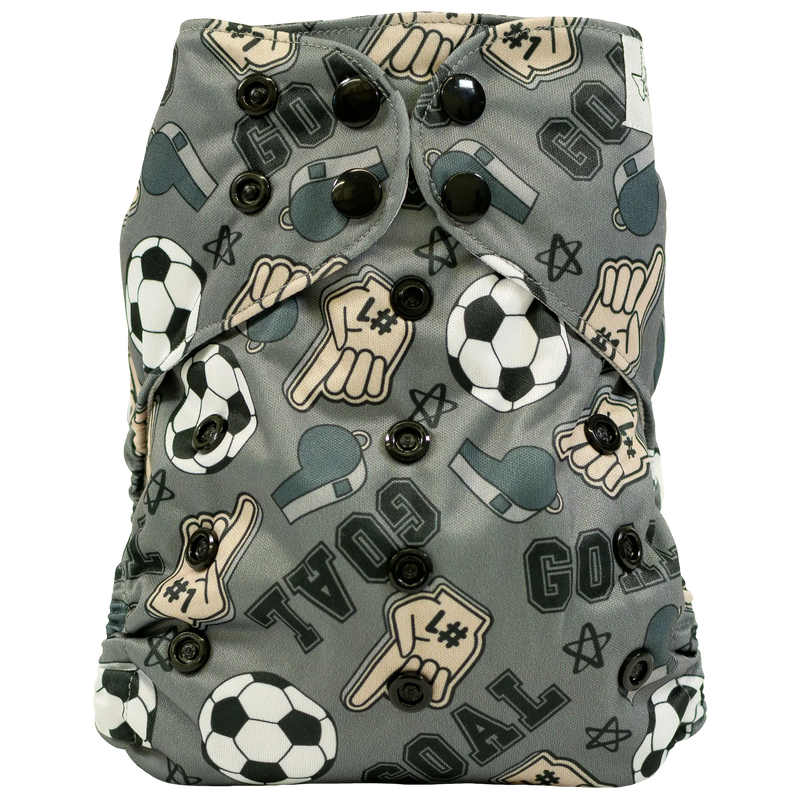 Slim Fit AIO Cloth Diaper with soccer-themed print and adjustable snaps.