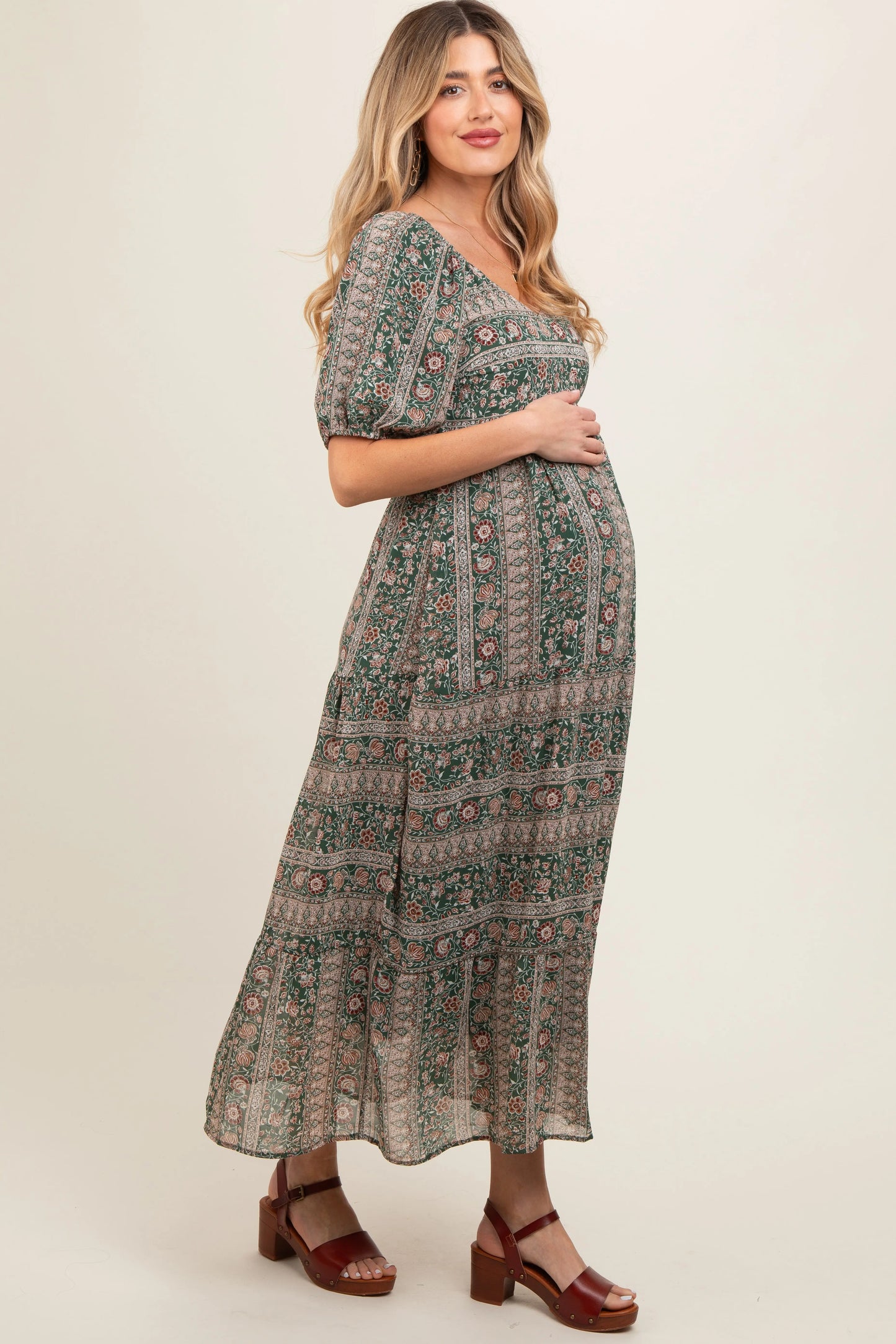 PinkBlush Elegant Maternity Maxi Dress with V Neck and Three Quarter Sleeves for Expecting Mothers - Apparel & Accessories > Clothing > Dresses