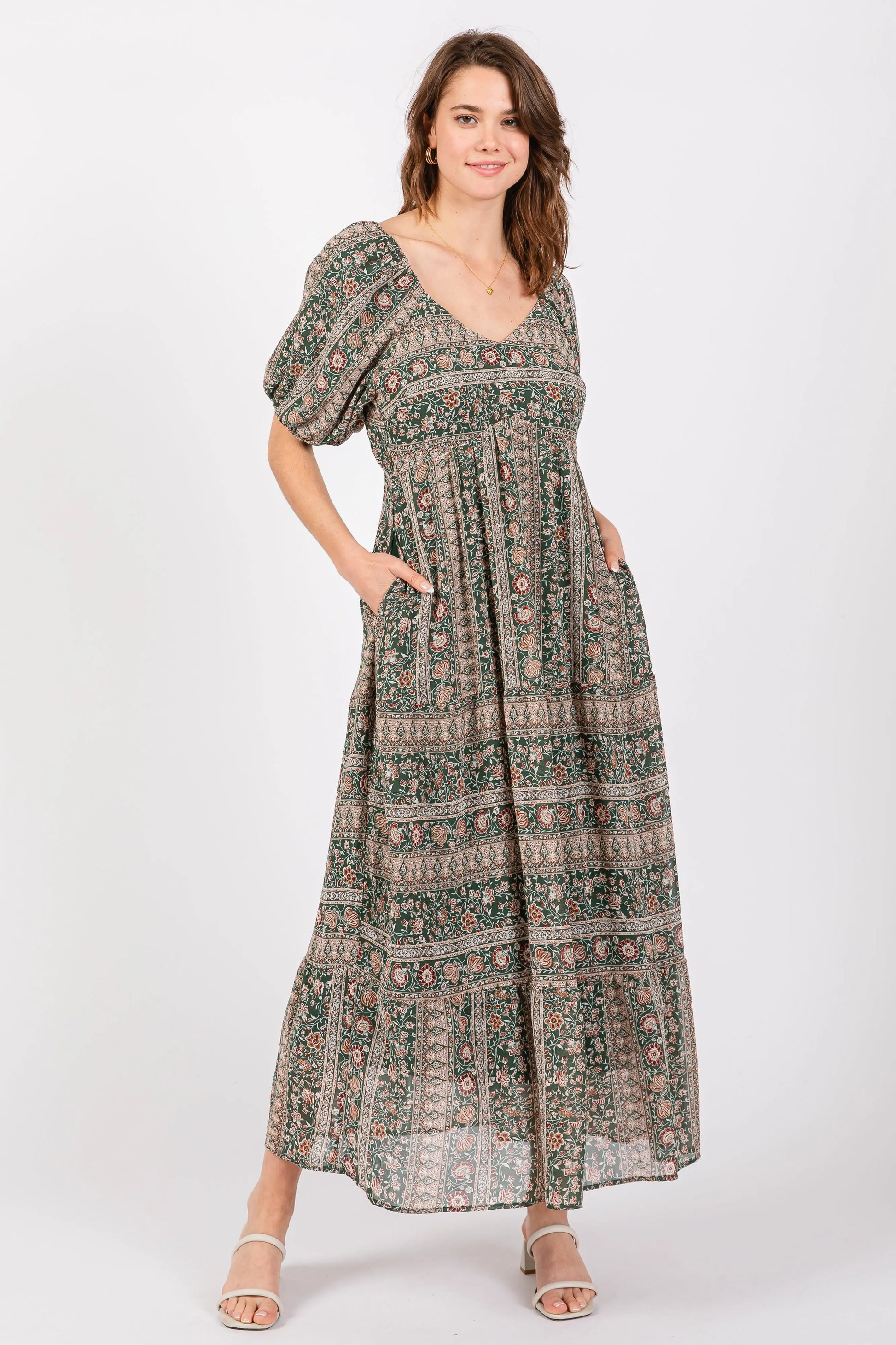 PinkBlush Elegant Maternity Maxi Dress with V Neck and Three Quarter Sleeves for Expecting Mothers - Apparel & Accessories > Clothing > Dresses