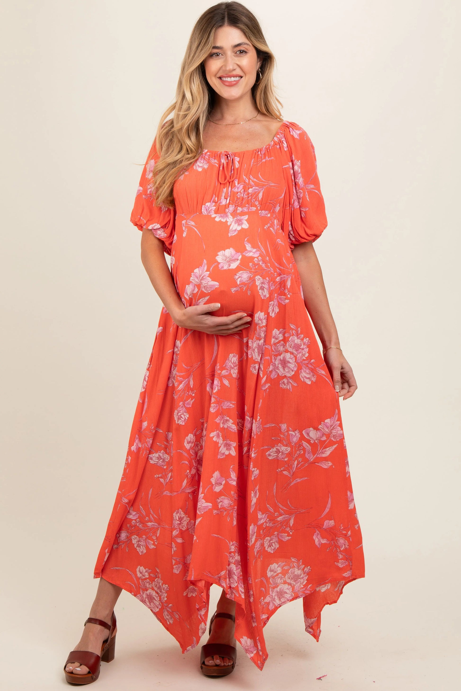PinkBlush PinkBlush Orange Floral Puff Sleeve Maternity Maxi Dress for Expecting Mothers - Apparel & Accessories > Clothing > Dresses
