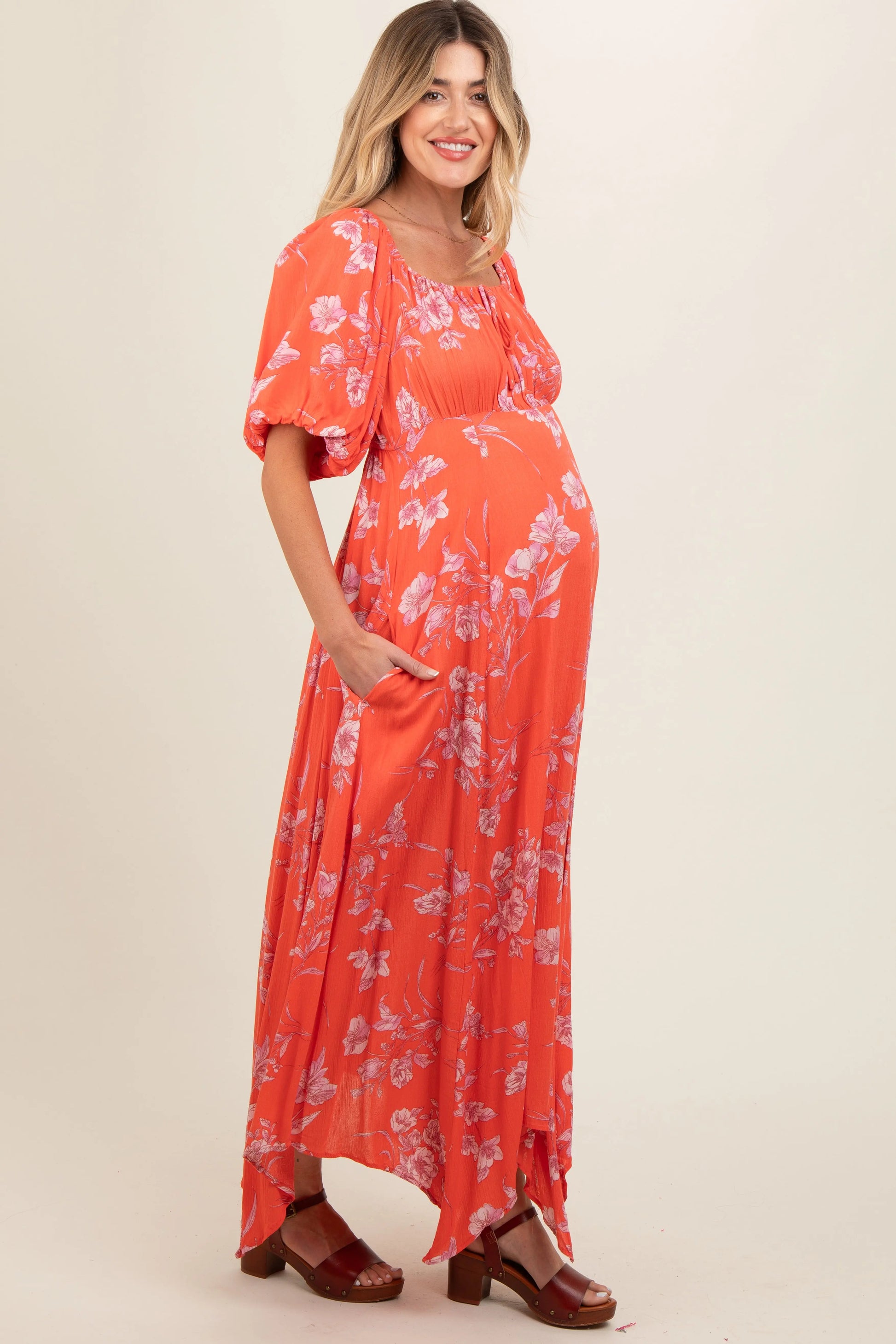 PinkBlush PinkBlush Orange Floral Puff Sleeve Maternity Maxi Dress for Expecting Mothers - Apparel & Accessories > Clothing > Dresses