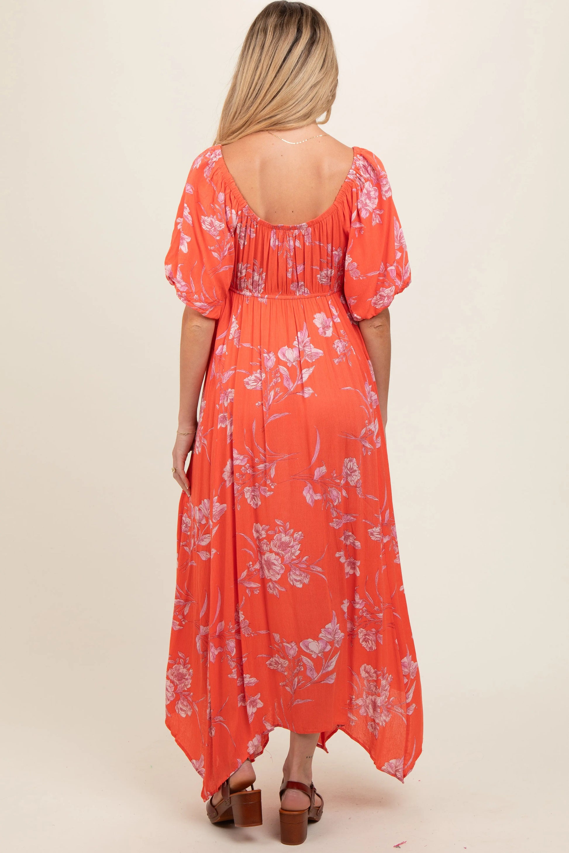 PinkBlush PinkBlush Orange Floral Puff Sleeve Maternity Maxi Dress for Expecting Mothers - Apparel & Accessories > Clothing > Dresses