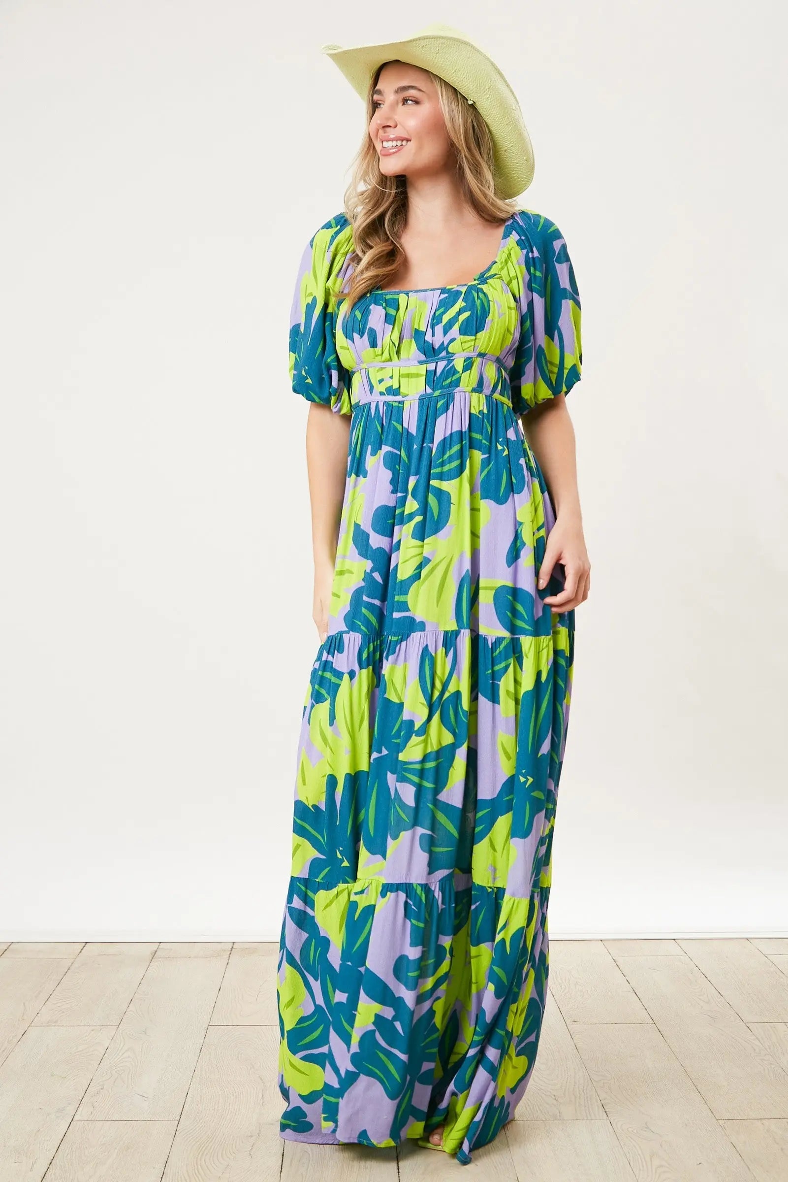 PinkBlush PinkBlush Teal Leaf Print Puff Sleeve Maxi Dress for Elegant Occasions - Apparel & Accessories > Clothing > Dresses