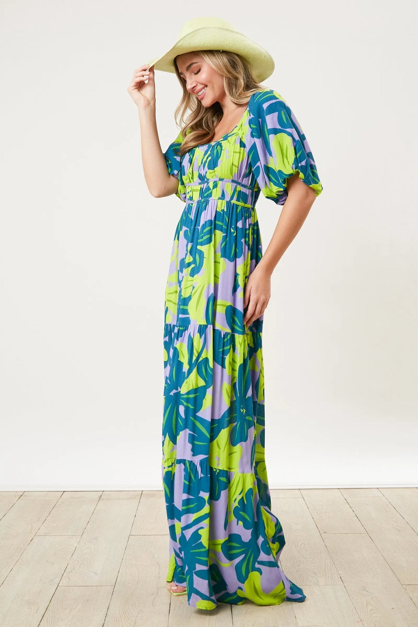 PinkBlush PinkBlush Teal Leaf Print Puff Sleeve Maxi Dress for Elegant Occasions - Apparel & Accessories > Clothing > Dresses