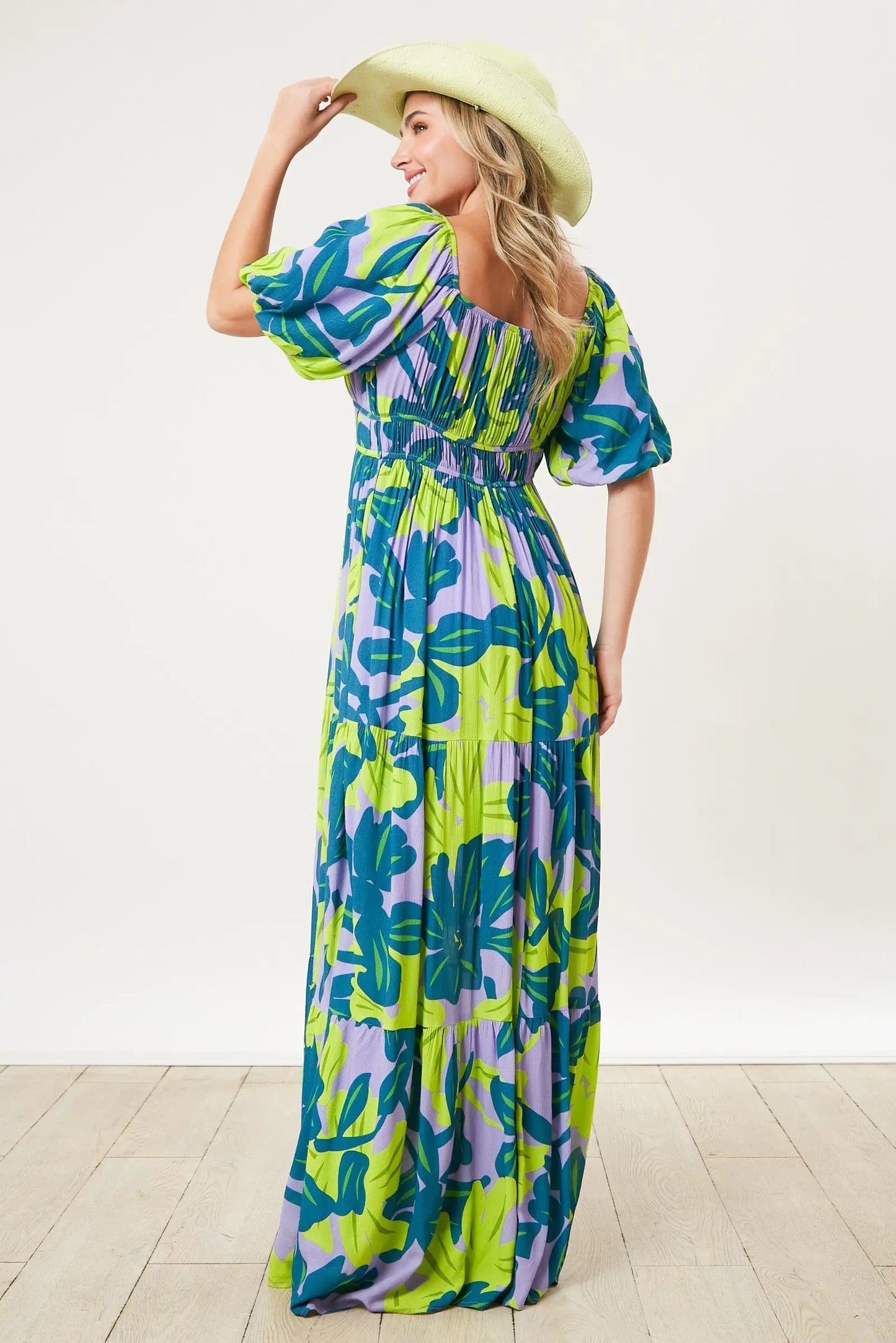 PinkBlush PinkBlush Teal Leaf Print Puff Sleeve Maxi Dress for Elegant Occasions - Apparel & Accessories > Clothing > Dresses