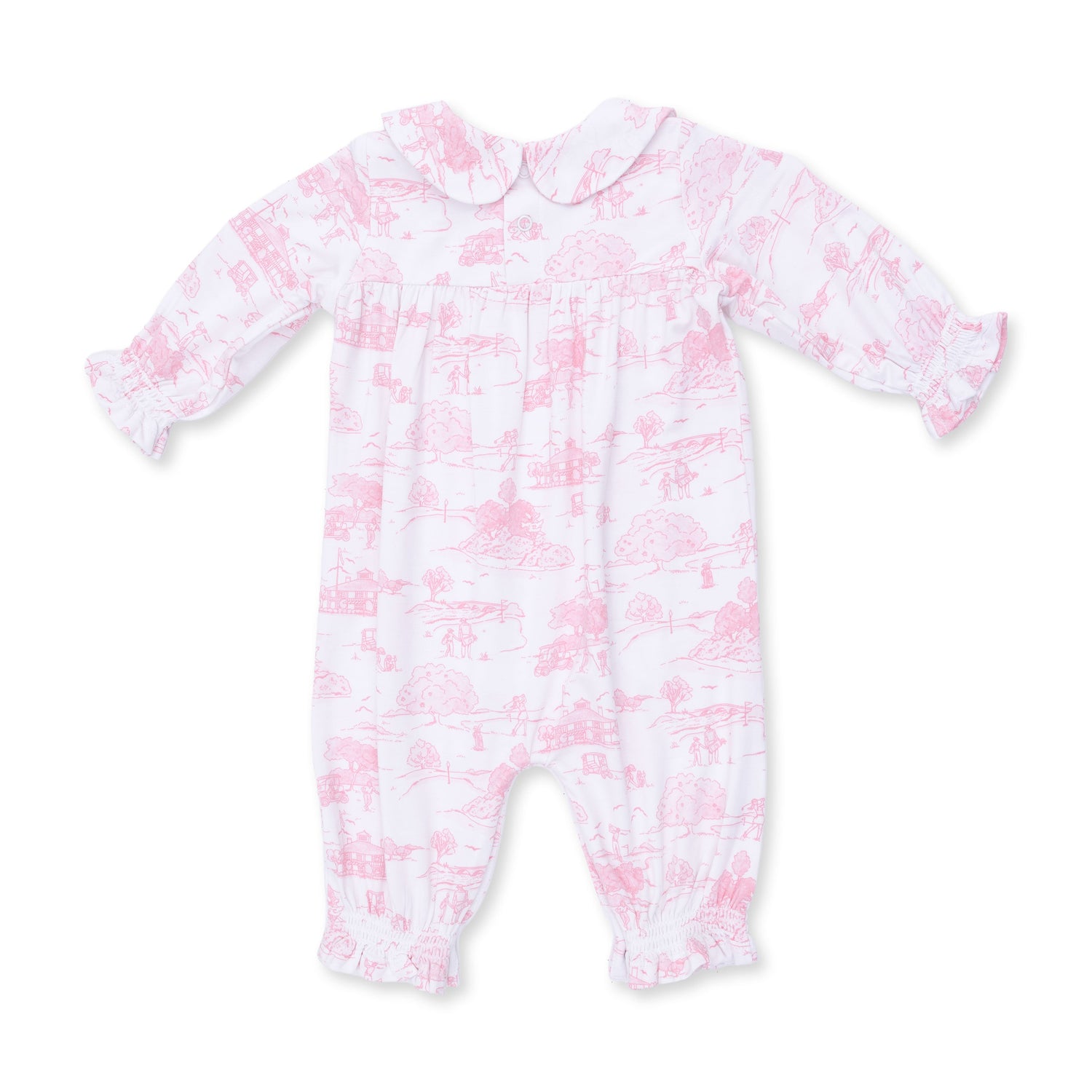 Golf Toile Pink - Smocked Long Sleeve Romper