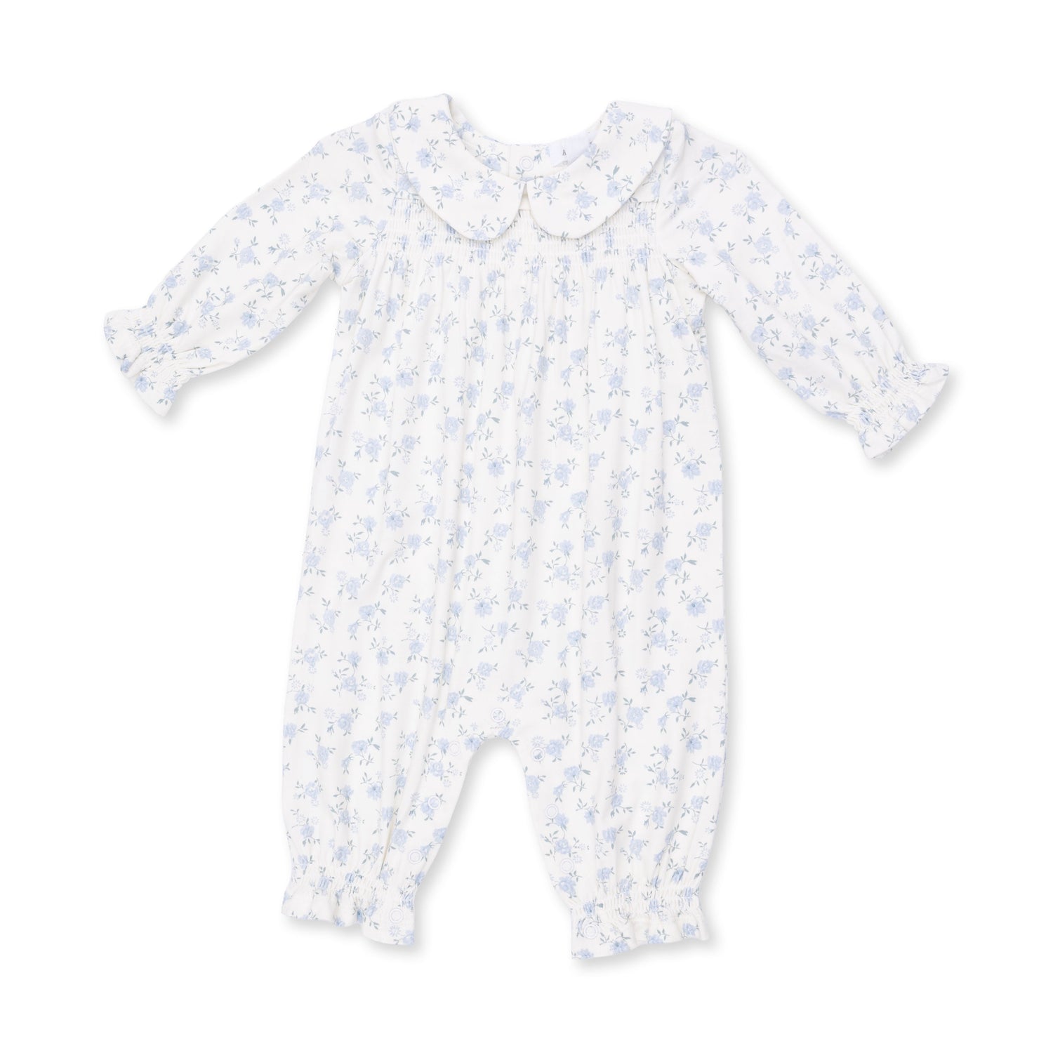 Long sleeve baby romper in Rose Briar print with smocking and a white Peter Pan collar