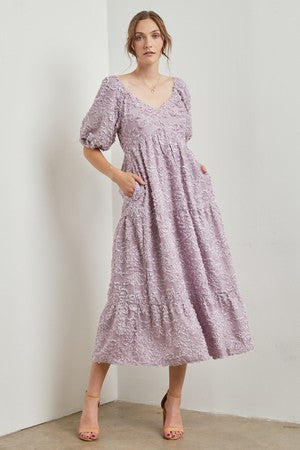 Lavender Fringe Textured Short Puff Sleeve Maternity Midi Dress by PinkBlush