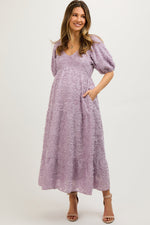 Lavender Fringe Textured Short Puff Sleeve Maternity Midi Dress by PinkBlush