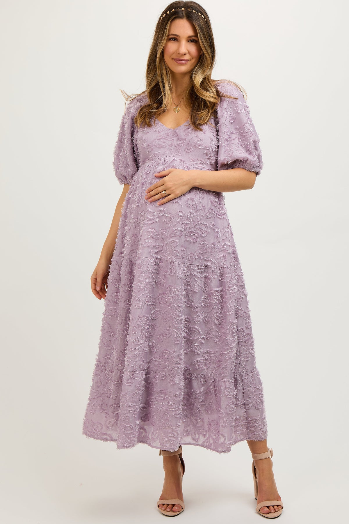 Lavender Fringe Textured Short Puff Sleeve Maternity Midi Dress by PinkBlush