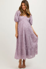 Lavender Fringe Textured Short Puff Sleeve Maternity Midi Dress by PinkBlush