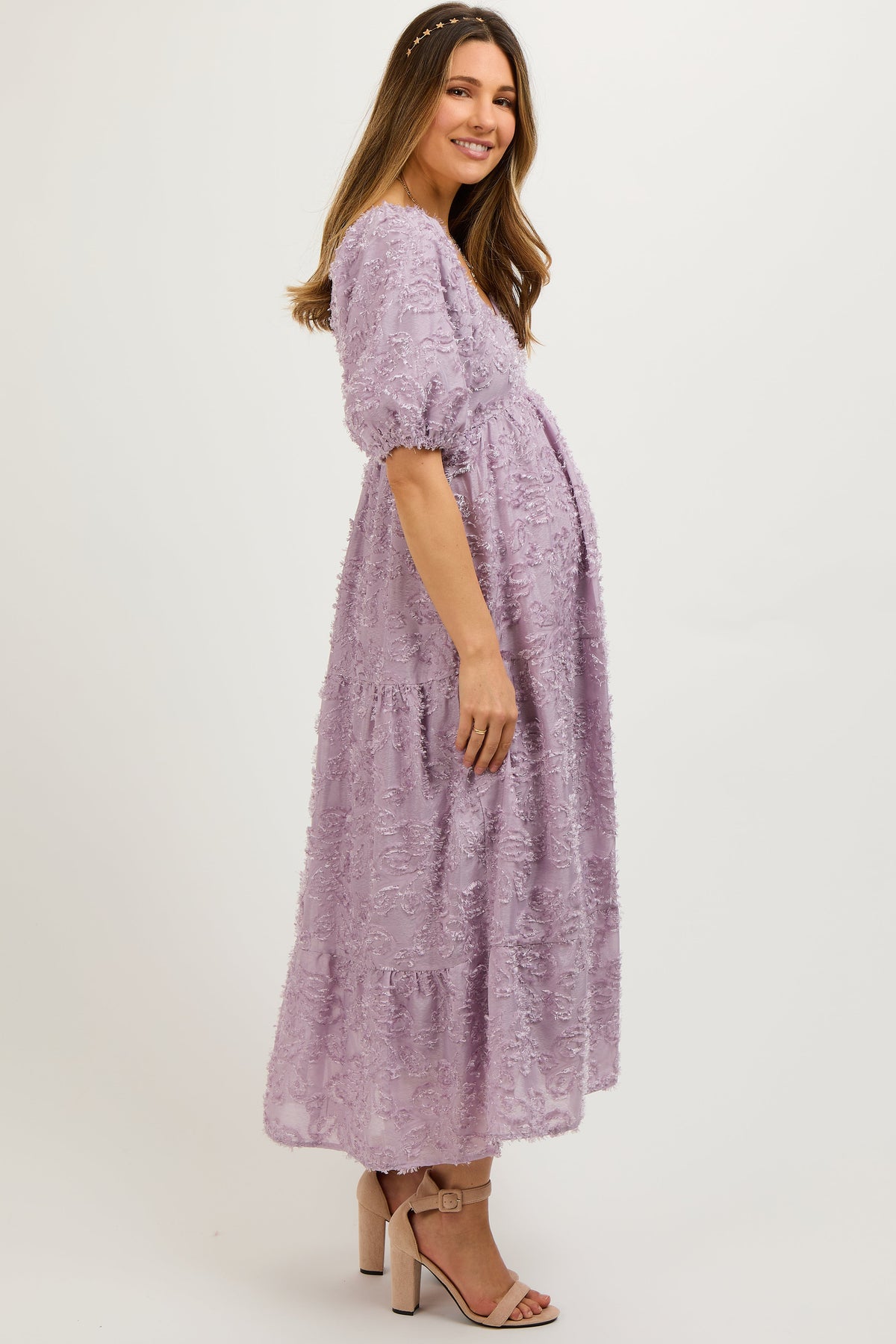 Lavender Fringe Textured Short Puff Sleeve Maternity Midi Dress by PinkBlush
