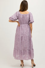 Lavender Fringe Textured Short Puff Sleeve Maternity Midi Dress by PinkBlush