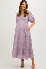 Lavender Fringe Textured Short Puff Sleeve Maternity Midi Dress - Dress, Pink, One-piece garment, Day Dress, Purple | Everetts Place