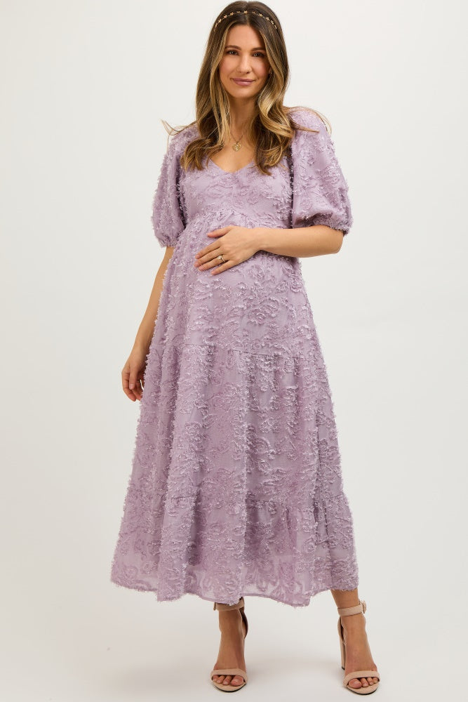 PinkBlush lavender fringe textured short puff sleeve maternity midi dress.
