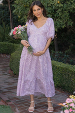 Lavender fringe textured short puff sleeve maternity midi dress.