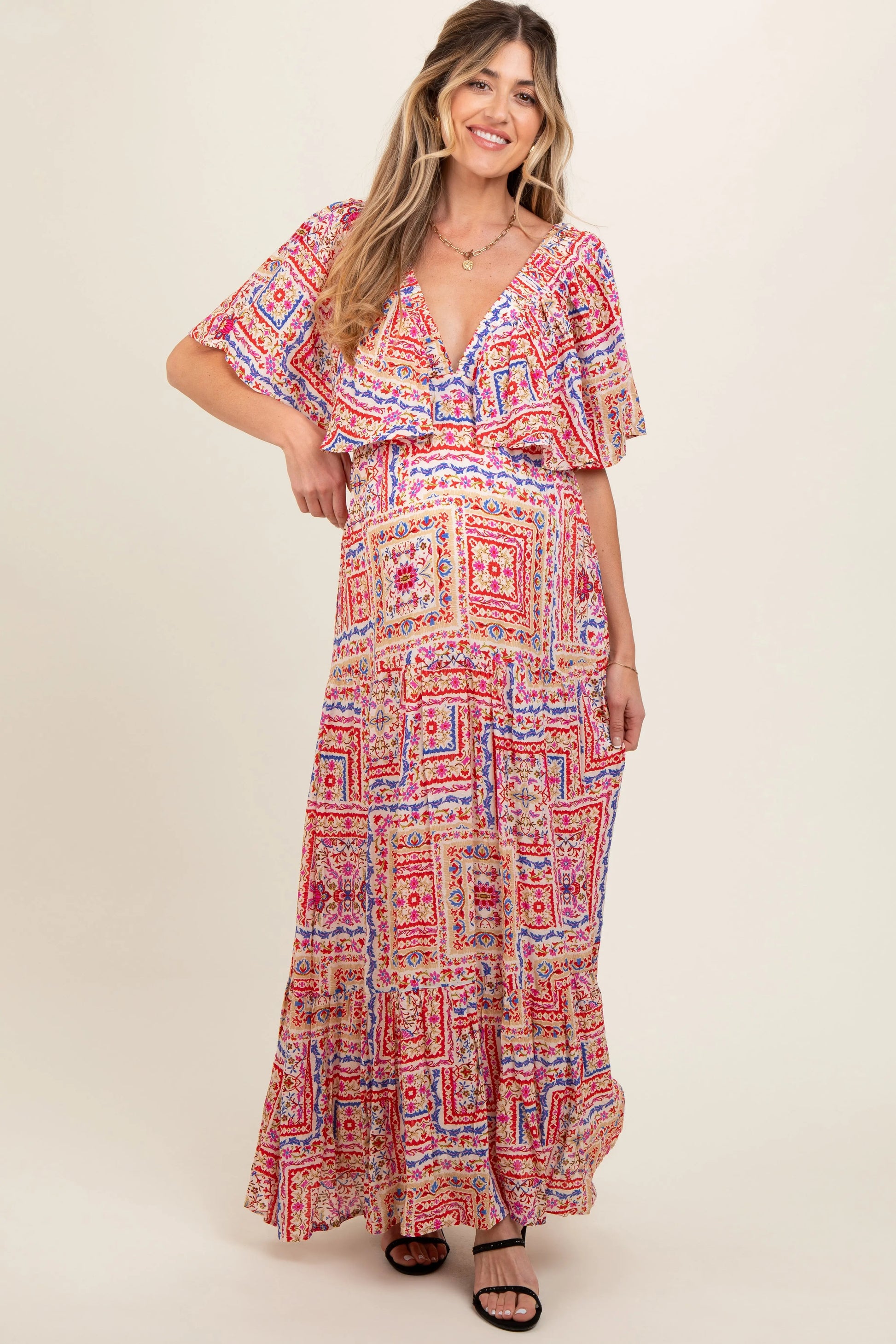 PinkBlush PinkBlush Multicolor Floral Deep V Neck Tiered Maternity Maxi Dress - Apparel & Accessories > Clothing > Dresses