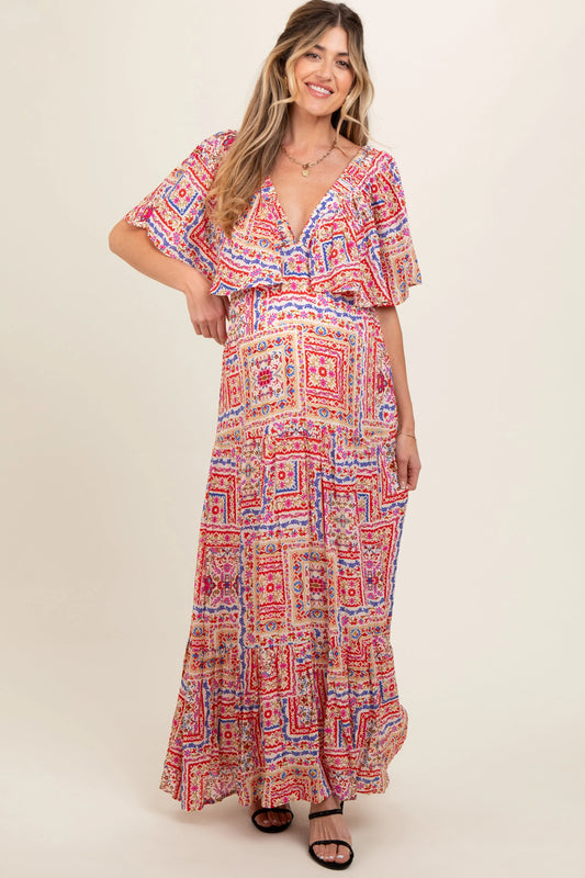 PinkBlush PinkBlush Multicolor Floral Deep V Neck Tiered Maternity Maxi Dress - Apparel & Accessories > Clothing > Dresses