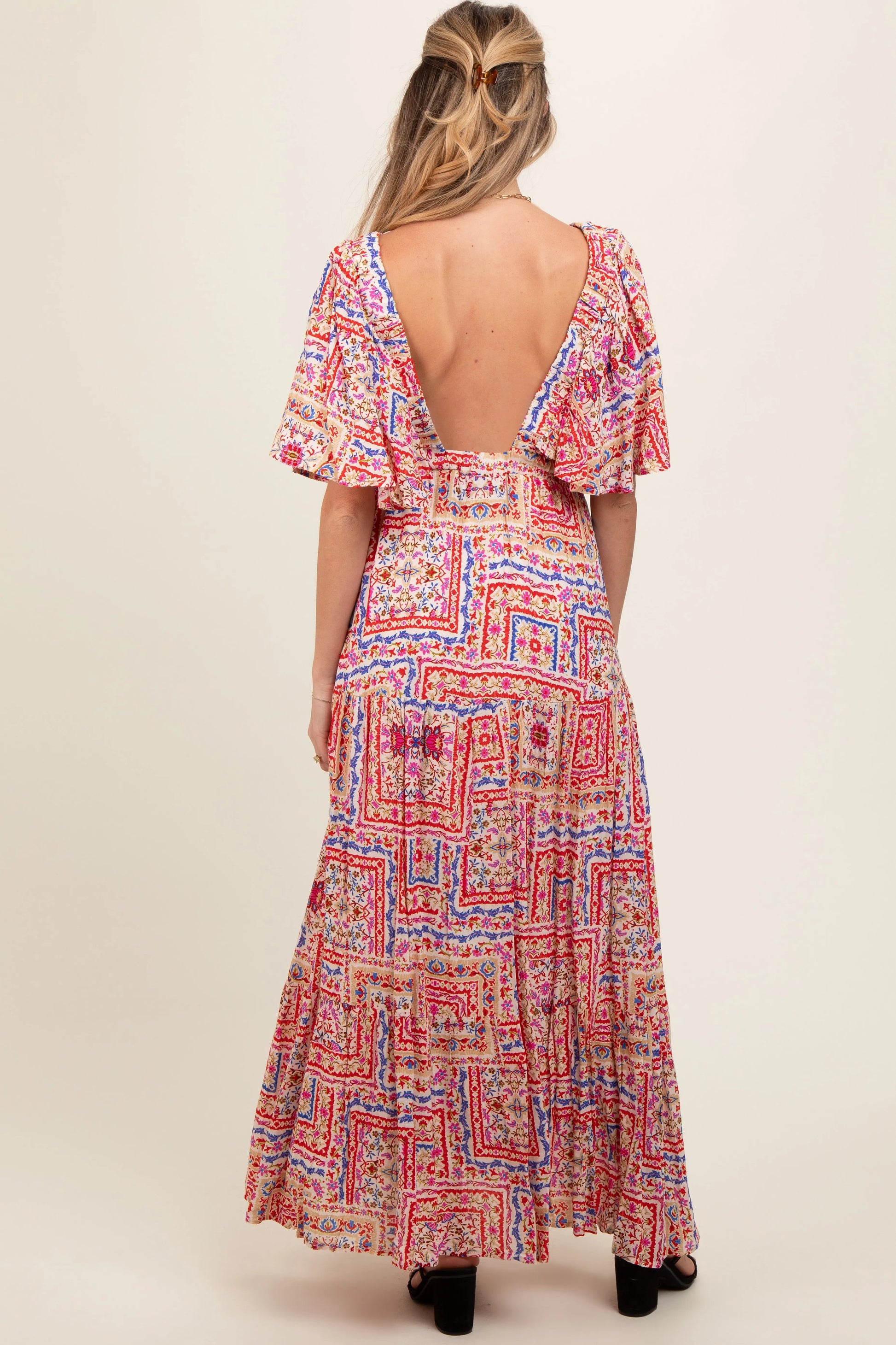 PinkBlush PinkBlush Multicolor Floral Deep V Neck Tiered Maternity Maxi Dress - Apparel & Accessories > Clothing > Dresses