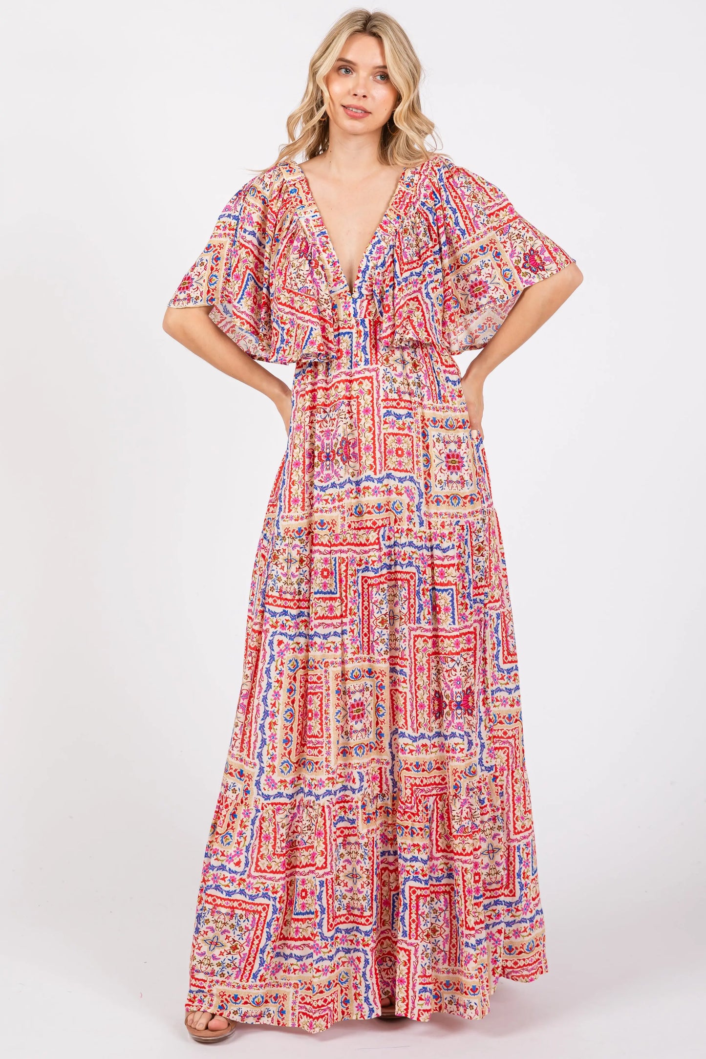 PinkBlush PinkBlush Multicolor Floral Deep V Neck Tiered Maternity Maxi Dress - Apparel & Accessories > Clothing > Dresses