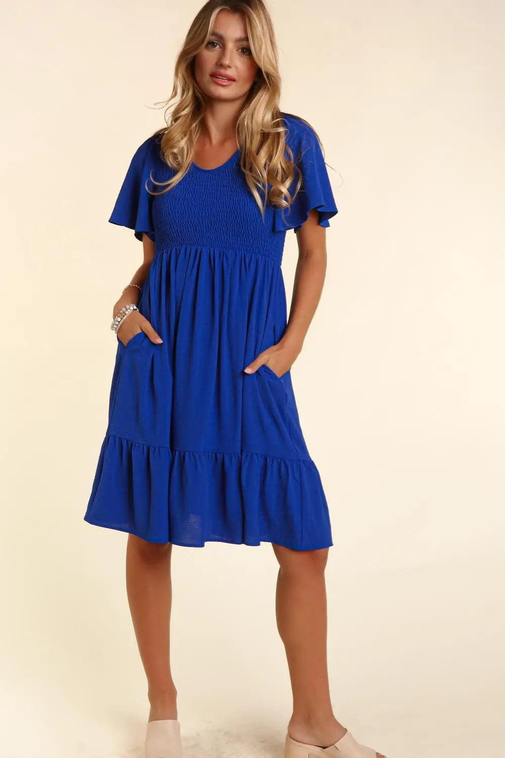 Royal Blue Smocked Ruffle Hem Maternity Dress with Flutter Sleeves and Pockets PinkBlush