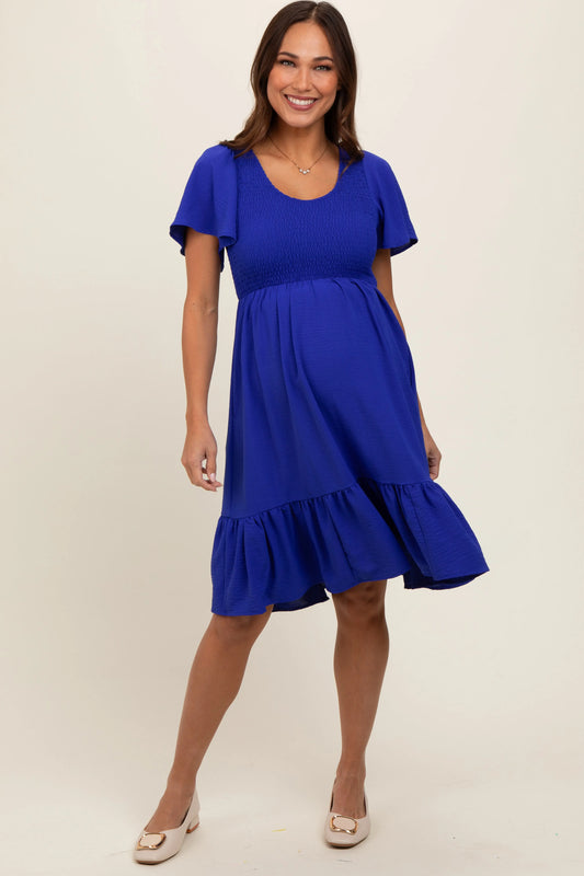 Royal Blue Smocked Ruffle Hem Maternity Dress with Flutter Sleeves and Pockets PinkBlush