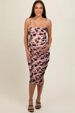 PinkBlush Elegant Pink Velvet Floral Ruched Mesh Maternity Midi Dress for Expecting Mothers - Apparel & Accessories > Clothing > Dresses