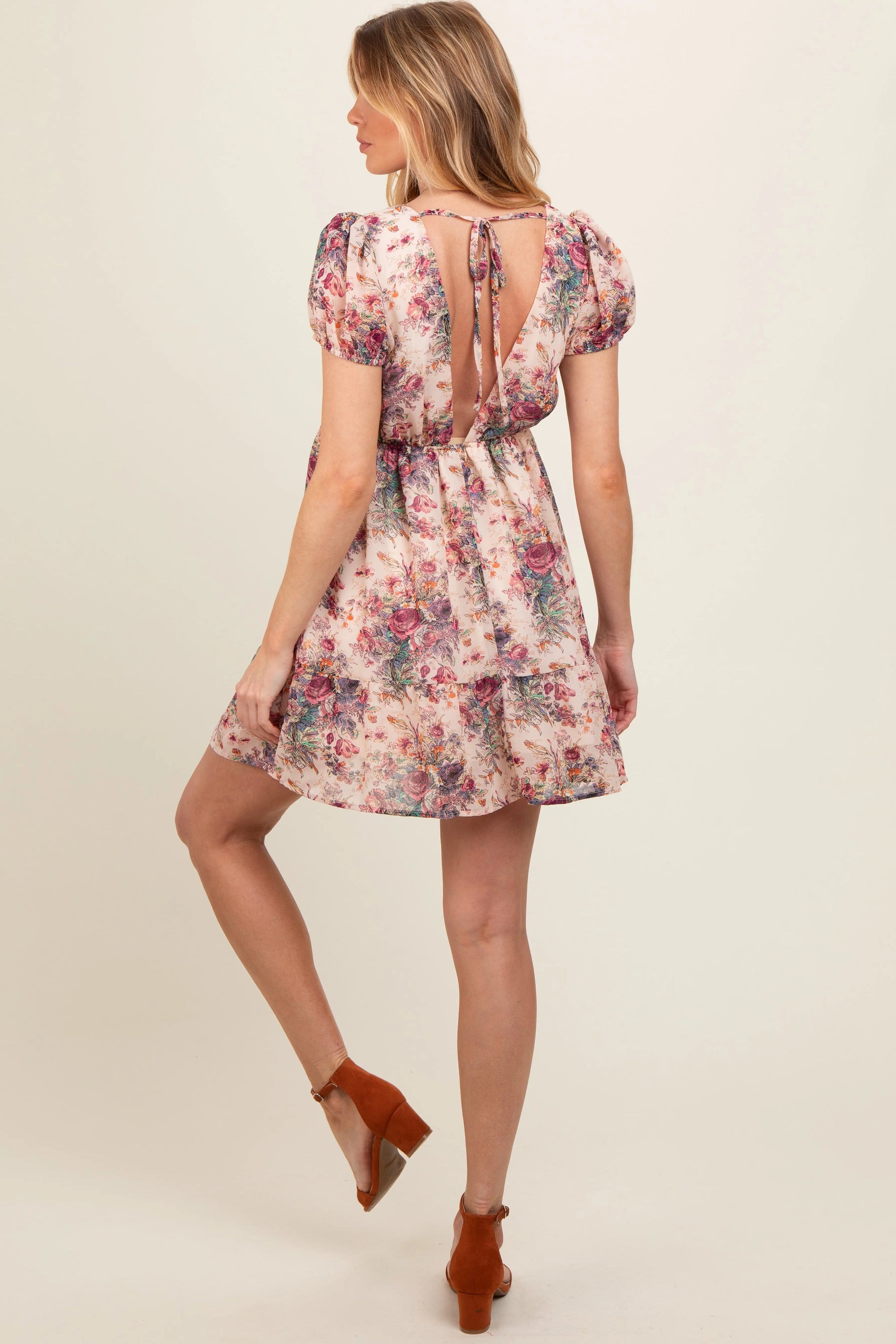 PinkBlush Elegant Cream Chiffon Maternity Dress with Floral Design for Stylish Moms - Apparel & Accessories > Clothing > Dresses