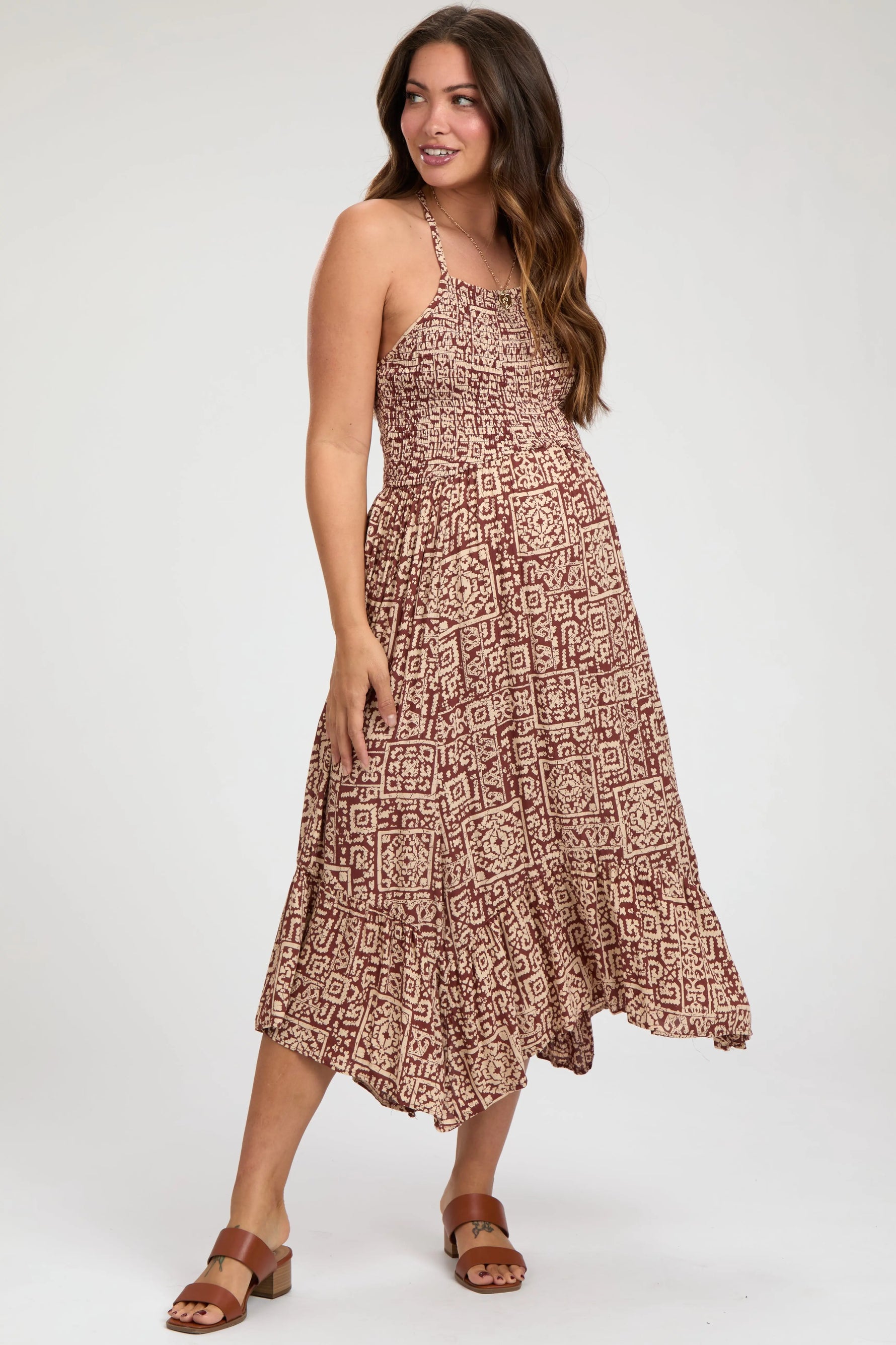 PinkBlush Chic Brown Print Smocked Sleeveless Maternity Midi Dress for Expecting Mothers - Apparel & Accessories > Clothing > Maternity Clothing > Maternity Dresses Apparel & Accessories > Clothing > Dresses