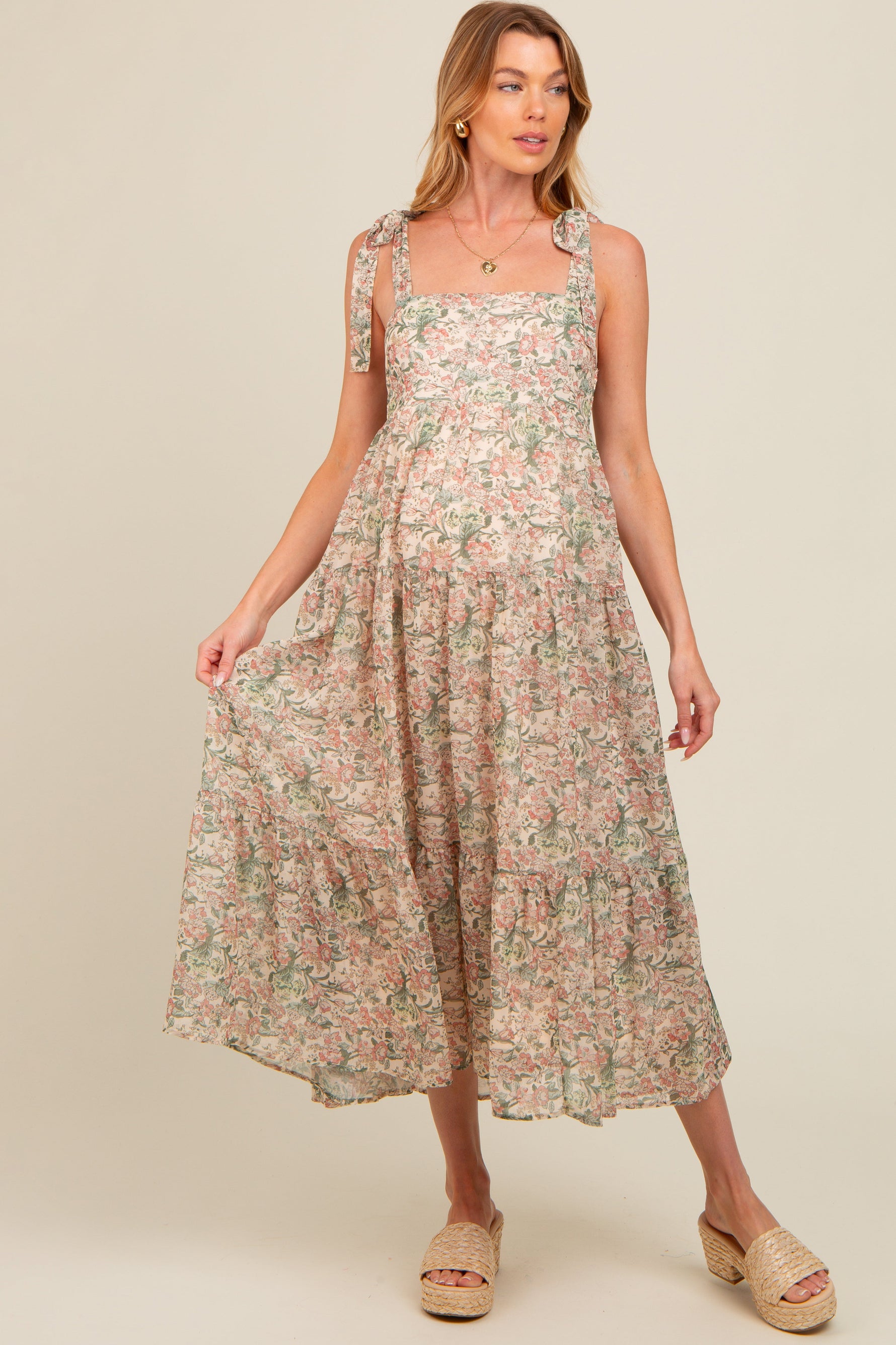 Pinkblush Maternity Cream Floral Shoulder Tie Tiered Maxi Dress