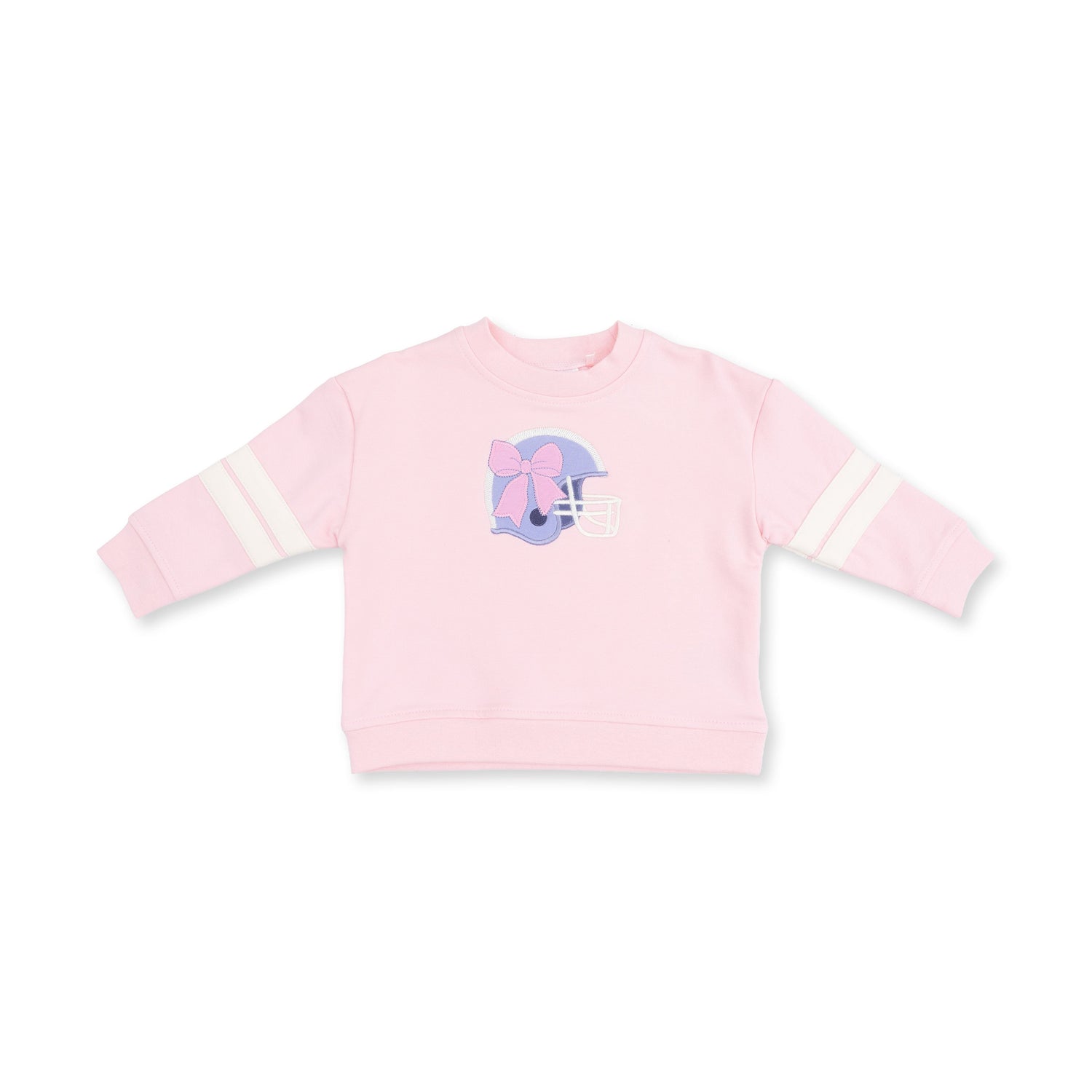Pink drop sleeve sweatshirt with varsity stripes and a purple football helmet applique on the front.
