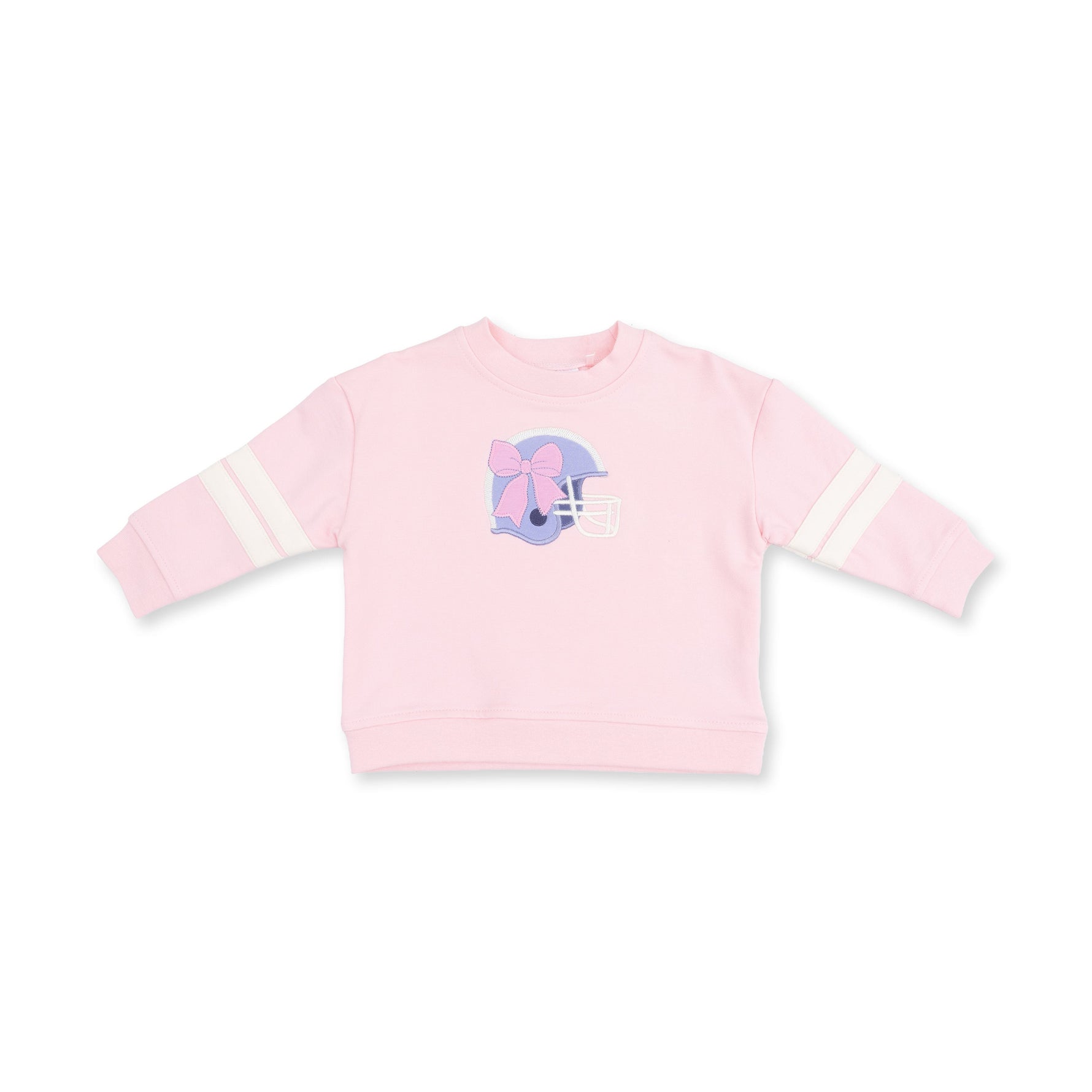 Pink drop sleeve sweatshirt with varsity stripes and a purple football helmet applique on the front.