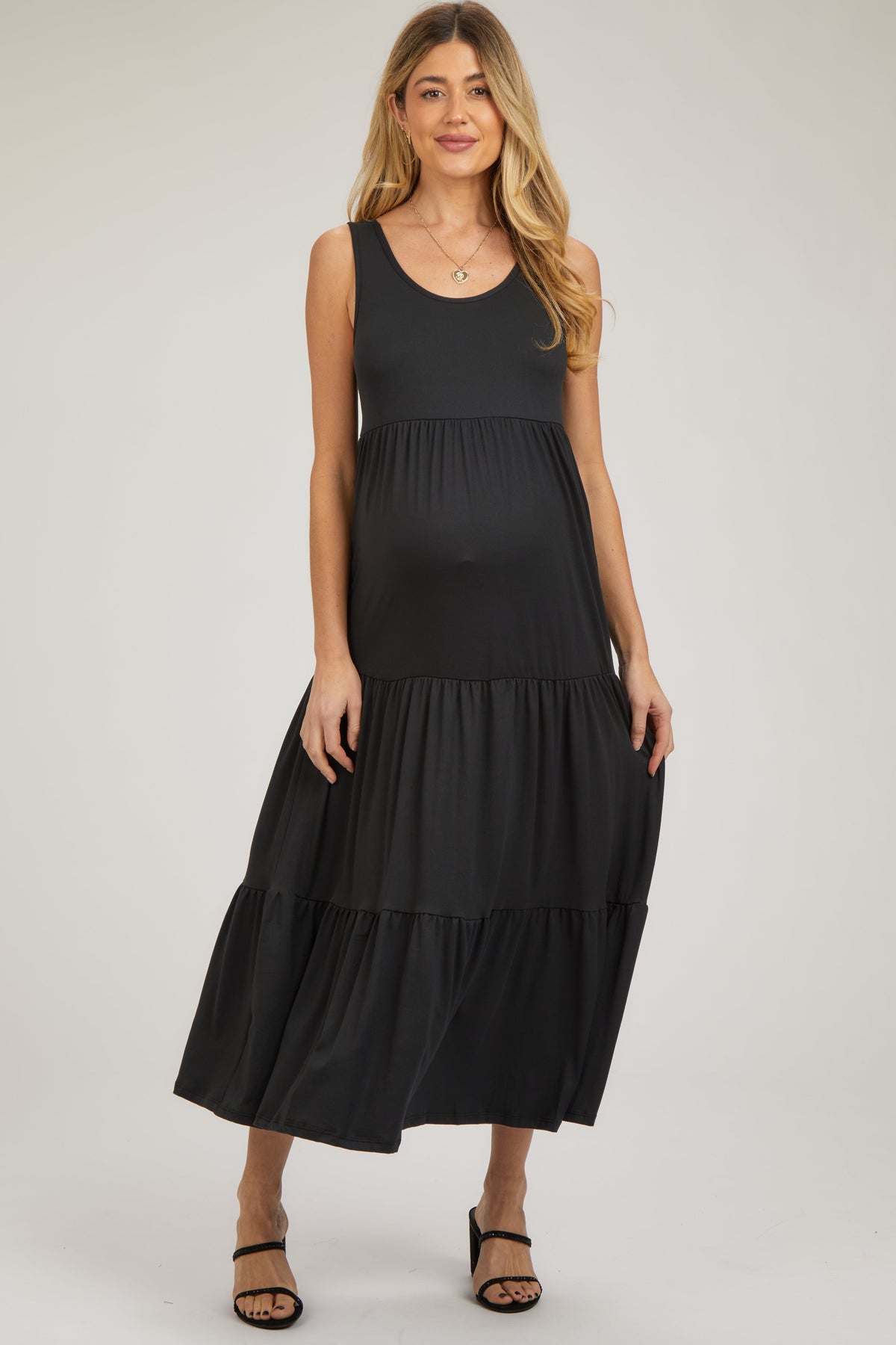 Sleeveless Knit Maternity Maxi Dress - Tiered by PinkBlush