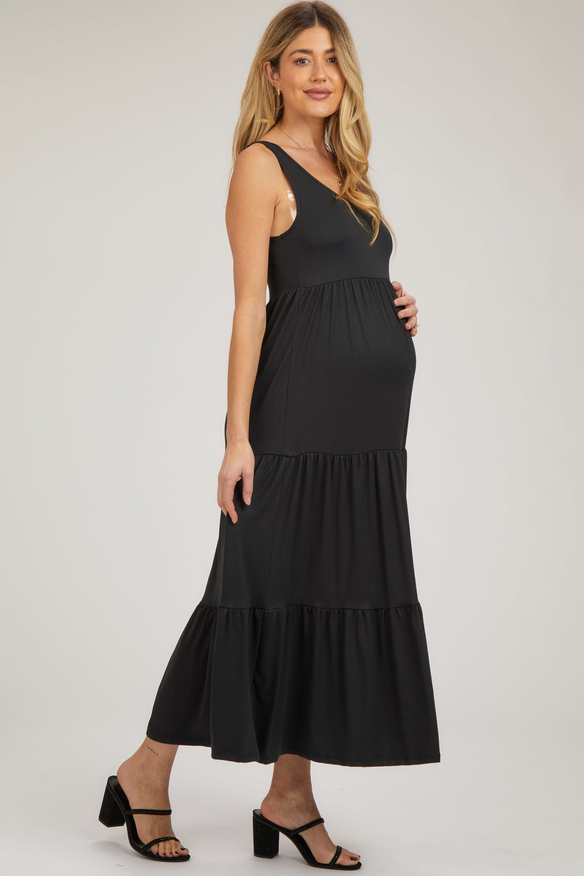 Sleeveless Knit Maternity Maxi Dress - Tiered by PinkBlush