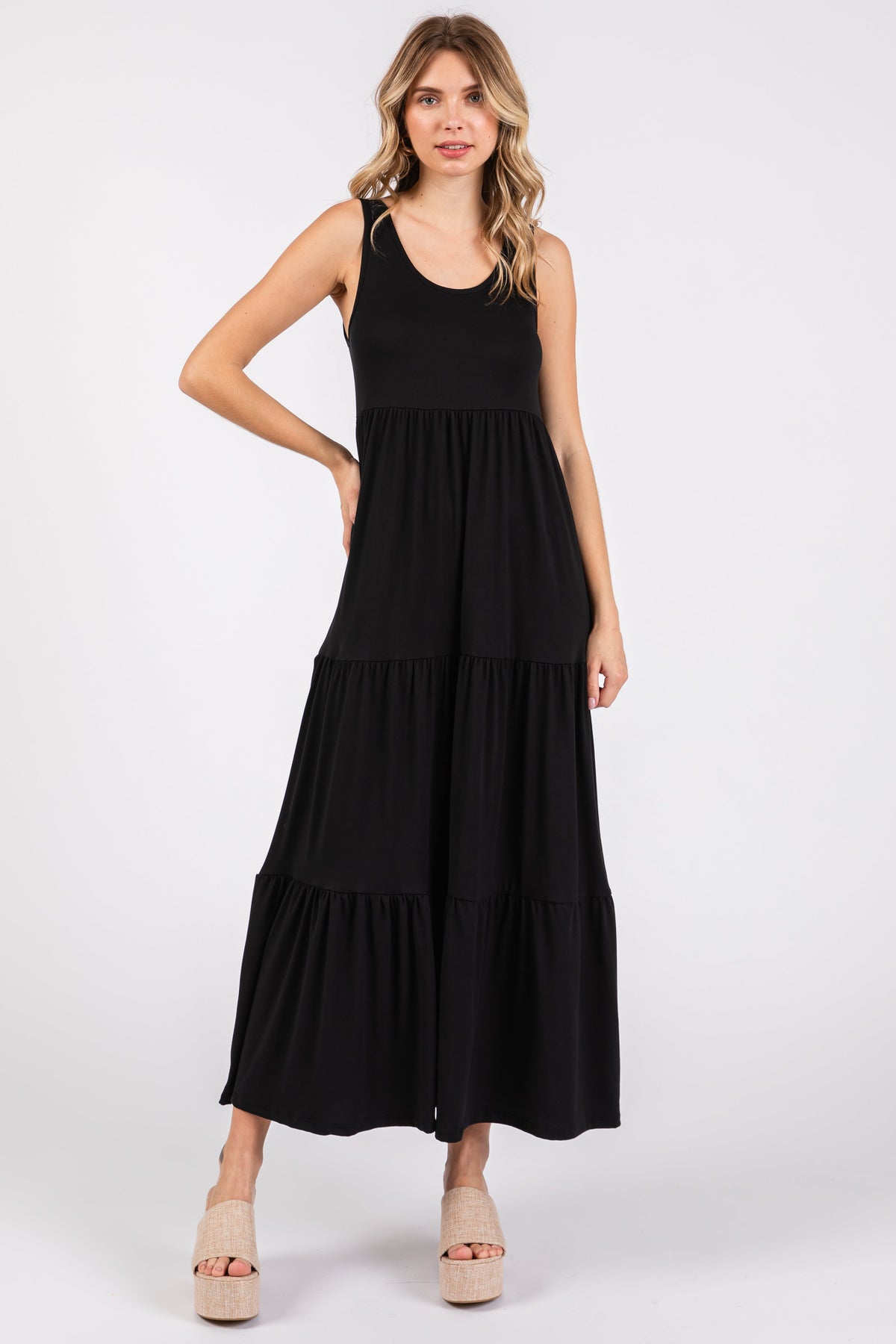 Sleeveless Knit Maternity Maxi Dress - Tiered by PinkBlush
