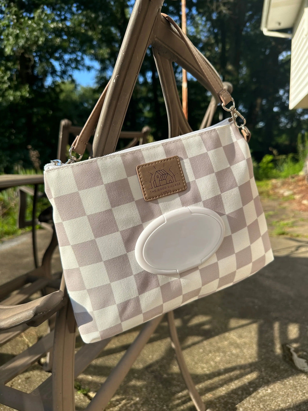 Wipes Clutch In Tan Check Multi Compartment Wet Bag For Diapering The Good Village Cloth Co. 