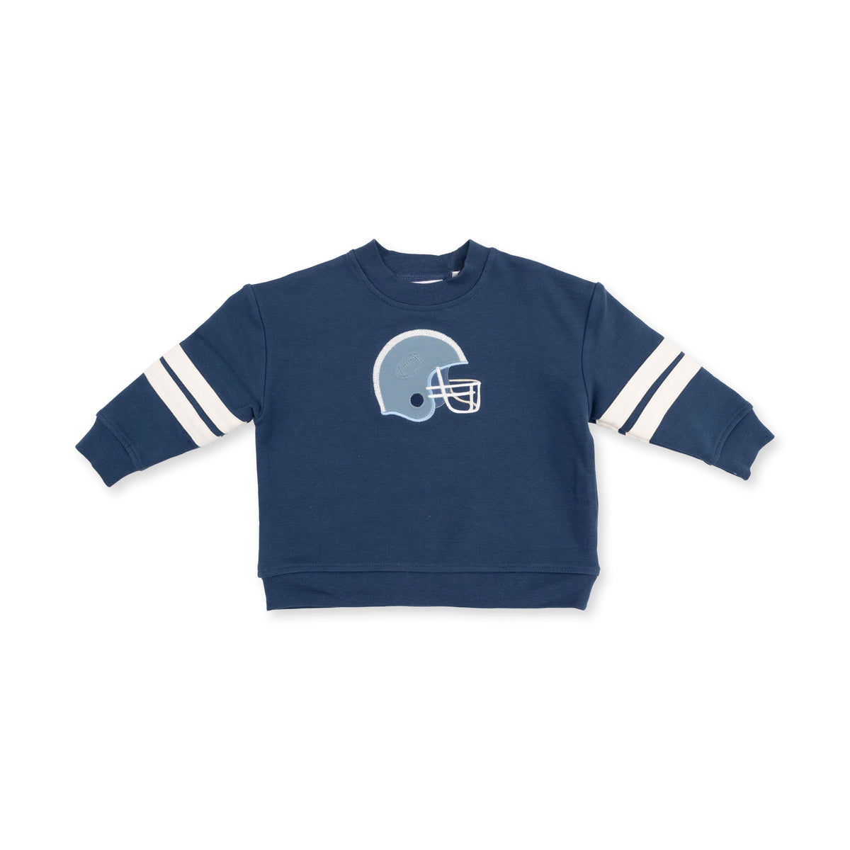 Baby drop sleeve sweatshirt with varsity stripes and a maroon football helmet applique on the chest