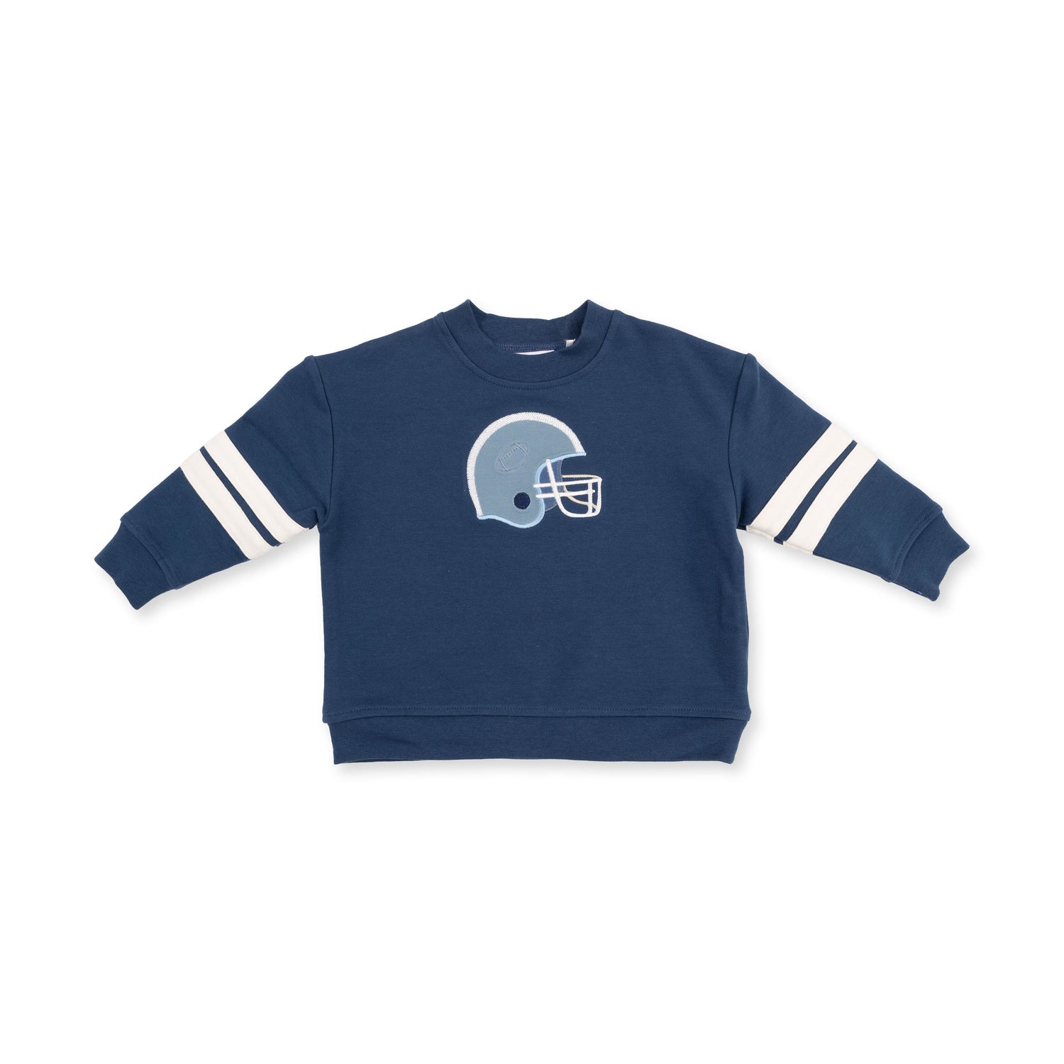 Baby drop sleeve sweatshirt with varsity stripes and a maroon football helmet applique on the chest