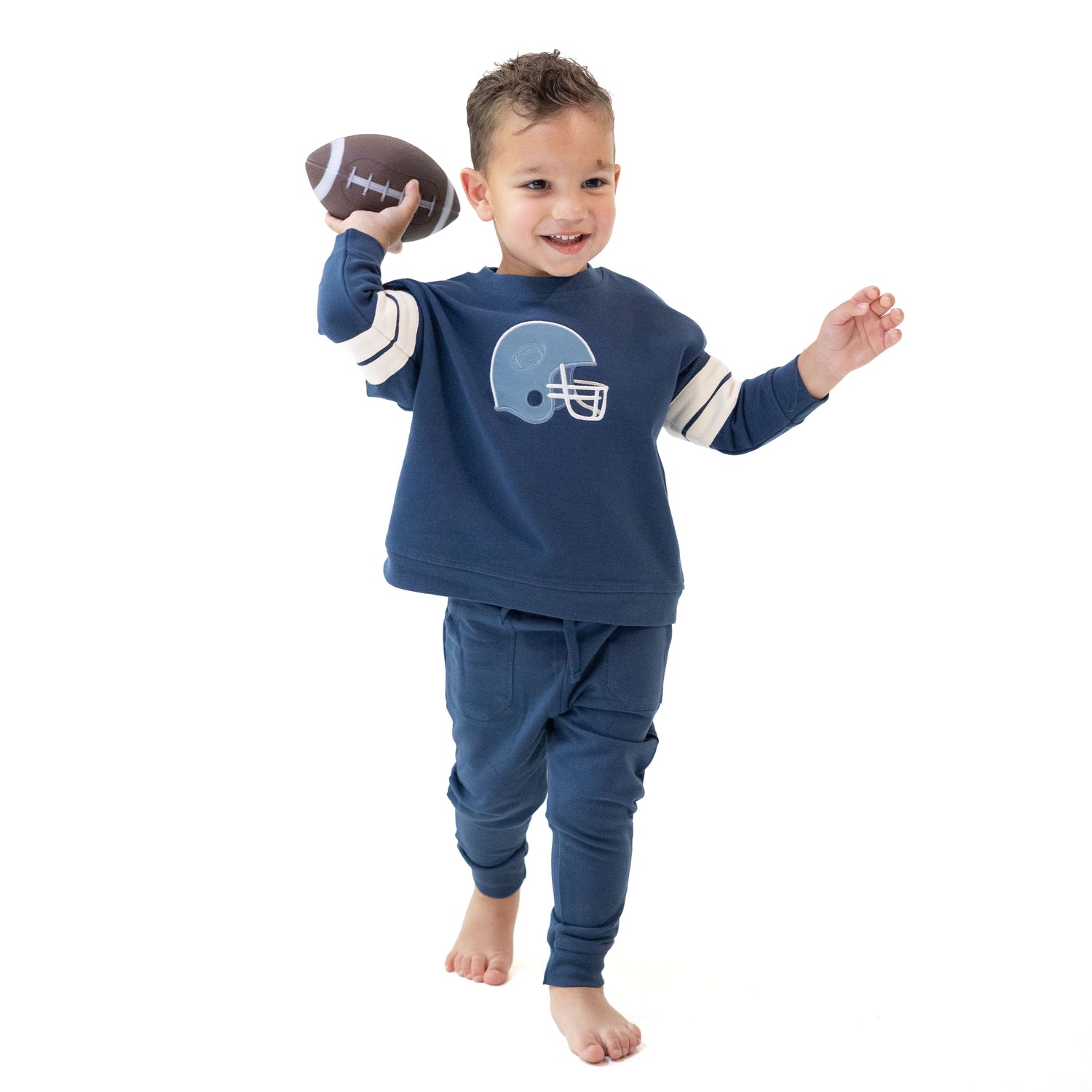 Football Helmets - Drop Sleeve Sweatshirt with Varsity Stripes Blue Helmet by Angel Dear (view 1 of 4)