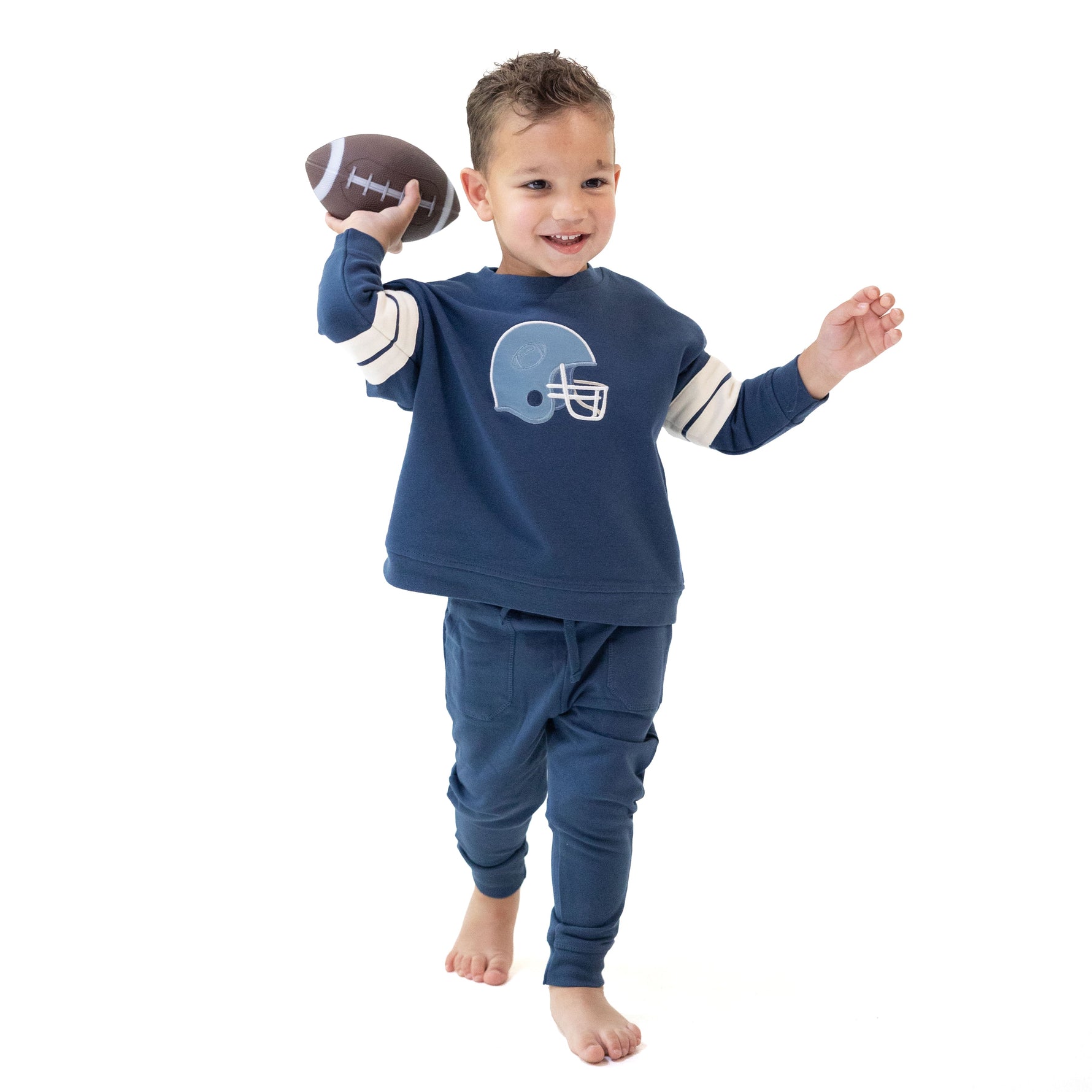Football Helmets - Drop Sleeve Sweatshirt with Varsity Stripes Blue Helmet by Angel Dear (view 1 of 4)