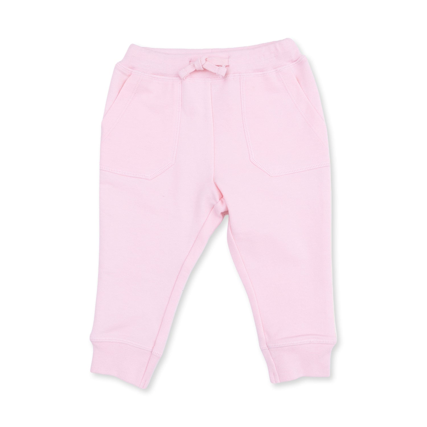 Pink baby jogger pants with a football helmet print and varsity stripes down each side