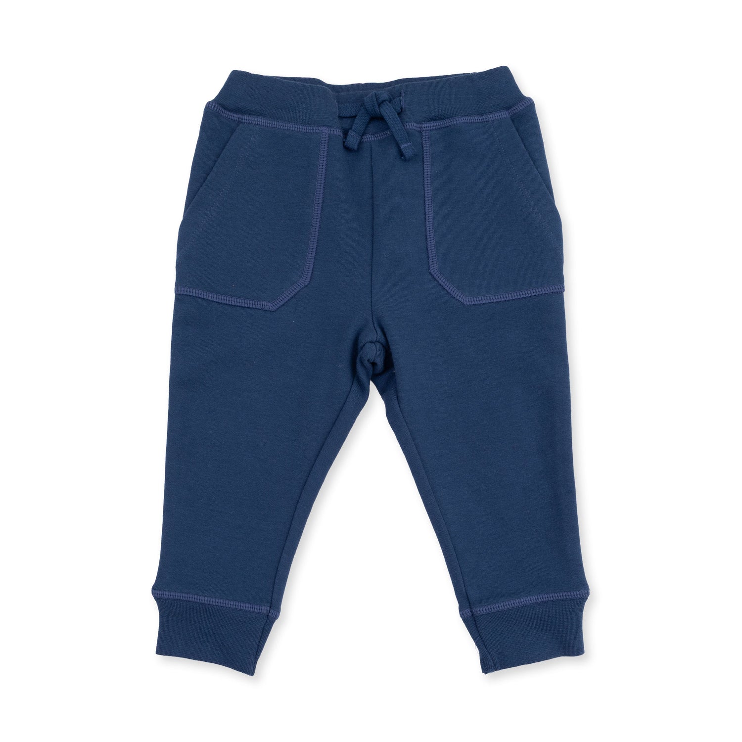 Insignia blue baby jogger pants with white varsity stripes down each side and a drawstring waistband.