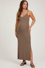 Taupe Ribbed Side Slit Maternity Maxi Dress by PinkBlush