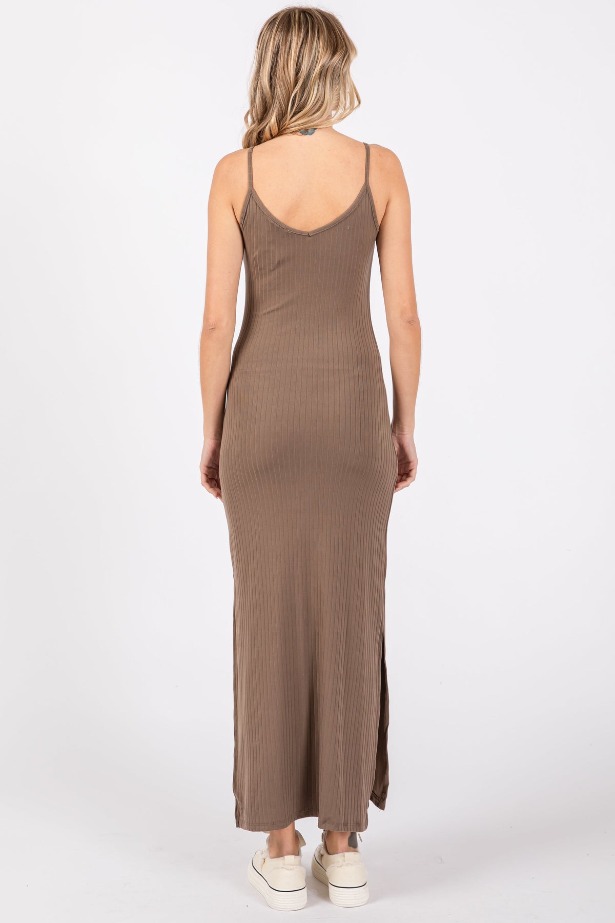 Taupe Ribbed Side Slit Maxi Dress by PinkBlush
