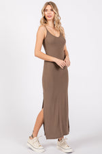 Taupe Ribbed Side Slit Maxi Dress by PinkBlush